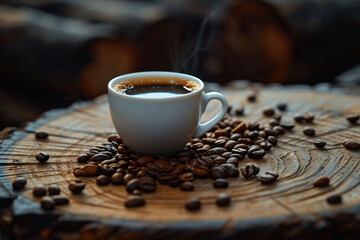 a cup of coffee with coffee beans on a wooden table