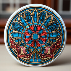 Colorful Stained Glass Design on Circular Object

