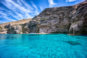 Beautiful turquoise transparent sea waters, in Gyaros island, Greece