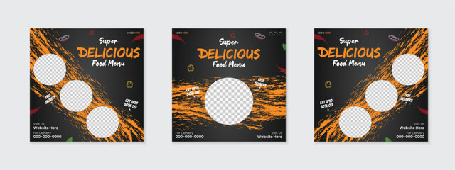Super delicious food menu social media square post design for fast food promotion advertisement marketing with grunge brush, bundle of 3 square web banner ads set, fresh food online sale poster layout - obrazy, fototapety, plakaty