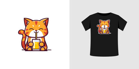 cute cat drinking juice illustration. vector files can be for T shirts, sticker, printing needs, generated by AI