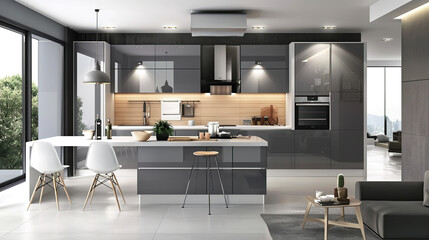 Contemporary kitchen with sleek dark cabinets, wood accents and a cozy dining area in monochrome grays. Interior design