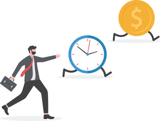 Effort and time to make money, success long term investment, deadline effect to make people finish work concept, businessman running with full effort inside gear cogs to spin time and money gears.

