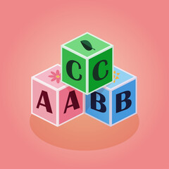 children's cubes with letters A, B, C in pink, blue and green colours on a pink background - vector illustration