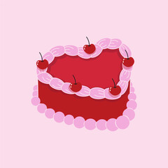 Cute heart shaped cake with cherry. A sweet dessert in the style of y2k. Vector illustration