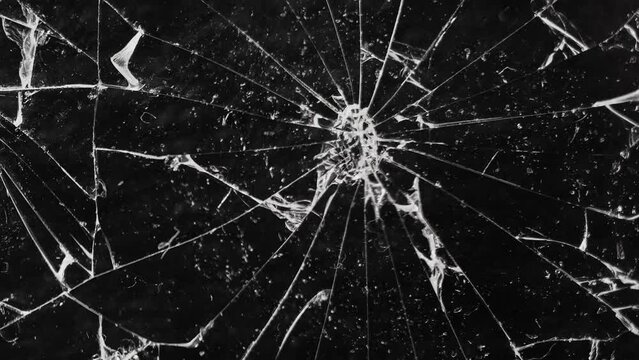 On a black background, fragments of broken glass resembling pixels randomly shatter the space. The image flickers, breaks, fragments twitch, crumble. There is a sharp change in black and white frames.