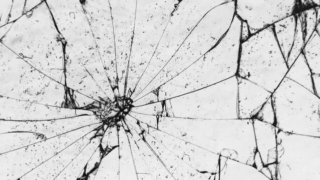 On a white background, fragments of broken glass resembling pixels randomly shatter the space. The image flickers, breaks, fragments twitch, crumble. There is a sharp change in black and white frames.