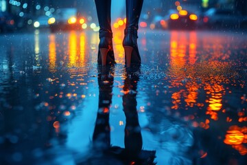 Amidst the shimmering lights and slick streets of the city at night, a figure confidently strides in high heels, their reflection distorted by the rain-kissed pavement