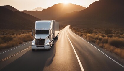 white trailer truck driving alone on empty American roads at sunset, long exposure, isolated white...