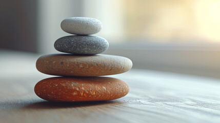 Flat smooth stones stacked on top of each other. Composed with copy space. Concept for work and life balance. 