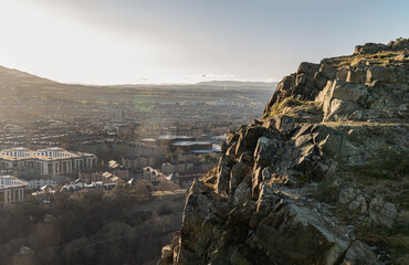 Amazing Edinburgh Cityscape seen from the top of Salisbury Crags. Destinations in Europe, Space for...