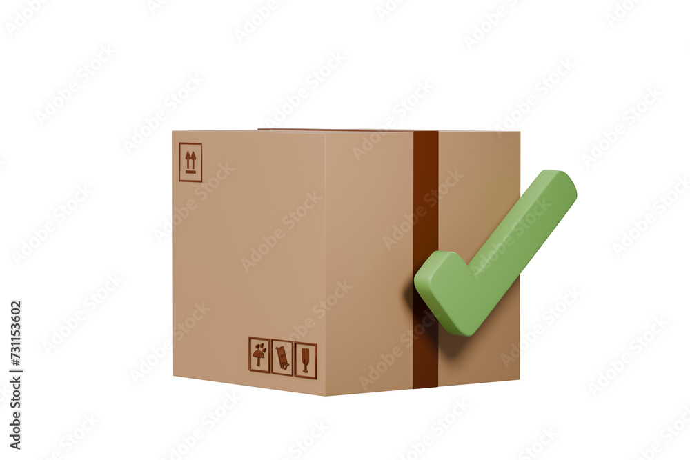 Poster 3d minimal cardboard box or delivery box with checklist, correct mark. delivery successfully. warran