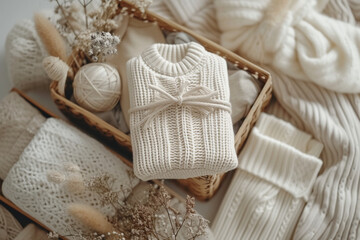 Discover a gender-neutral baby gift basket filled with organic newborn clothes and accessories. Perfect for fashion-forward parents, a thoughtful branding idea for small businesses. Flat lay, top view