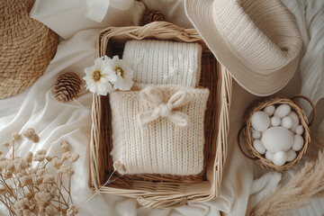 Discover a gender-neutral baby gift basket filled with organic newborn clothes and accessories. Perfect for fashion-forward parents, a thoughtful branding idea for small businesses. Flat lay, top view