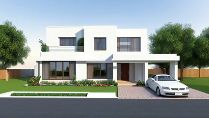 3d house model rendering on white background, Clean and precise 3D illustration modern cozy house. Concept for real estate or property.