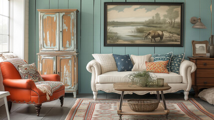 Vintage room decor with light pastel colors. Sofa, throw pillows and coffee table in the center.