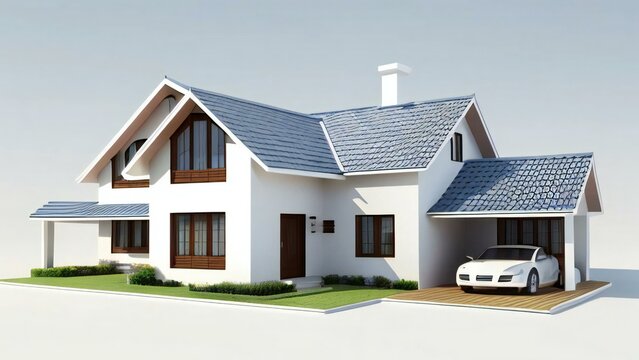 3d house model rendering on white background, Clean and precise 3D illustration modern cozy house. Concept for real estate or property.