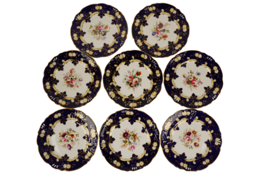Antique floral china plates collection vintage porcelain dishware for sale on transparent background