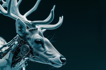 Futuristic white deer robot isolated on black background. Cybernetic technology, robot. Future tech, science fiction. Design for banner, poster with copy space. 