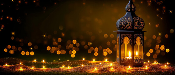 Illuminated Arabic Lantern on Dark Background with Copy Space . Banner.