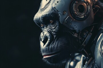 Cyborg gorilla isolated on black background. Cybernetic technology, robot. Future tech, science fiction. Design for banner, poster. Wildlife concept