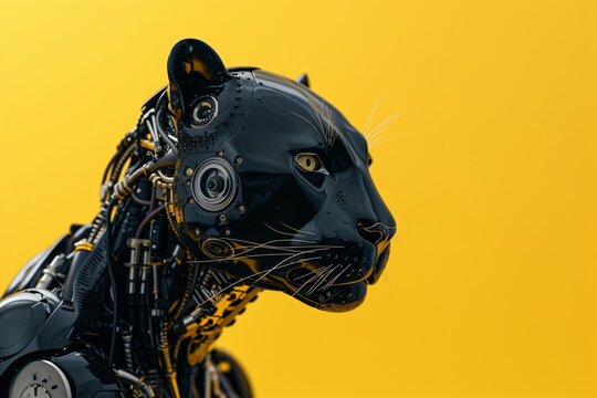 Black panther robot isolated on yellow background. Cybernetic technology, cyborg. Future tech, science fiction. Design for banner, poster with copy space. Wildlife, predator concept