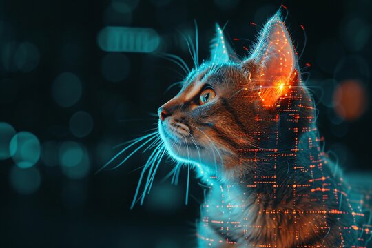 Cat with futuristic HUD elements. Future technology, hologram, GUI, interface. Science fiction, sci-fi. Design for banner, poster. Cute funny pet