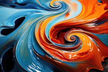 A vibrant abstract painting featuring a combination of blue, orange, and yellow colors, Picture a...