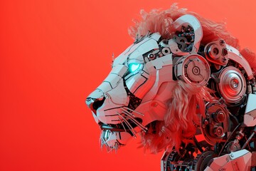 White lion robot isolated on red background. Cybernetic technology, cyborg. Future tech, science fiction. Design for banner, poster with copy space. Wildlife, predator concept