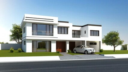 3d house model rendering on white background, Clean and precise 3D illustration modern cozy house. Concept for real estate or property.
