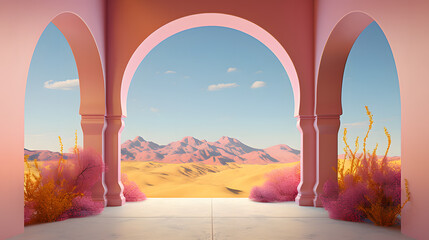 a pink and yellow archway in a desert setting, in the style of surreal 3d landscapes, interior scenes, light red and light azure, nature morte, monochrome landscapes, fantasy-inspired, trompe l’oeil