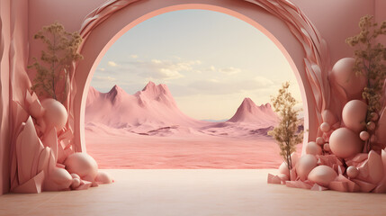 an arch overlooks a pink desert and trees, in the style of surreal 3d landscapes, indoor still life, abstract surrealist, trompe l’oeil, fantasy-inspired, matte background, high detail