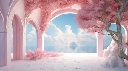 an archway with a tree in the middle, in the style of surreal 3d landscapes, pastel color scheme, interior scenes, pink and azure, terragen, surrealist-inspired, new topographics