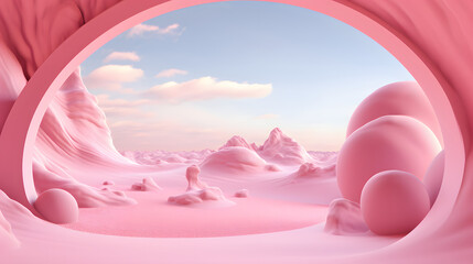 pink desert deserteer 3d renderings, in the style of colorful surrealist, interior scenes, harmony with nature, photo-realistic landscapes, conceptual simplicity, soft and rounded form