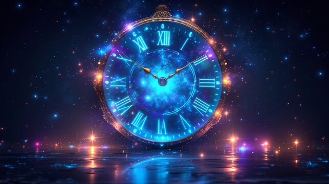 A large, ornate pocket watch glowing with cosmic energy hovers mystically above a reflective surface, generative ai
