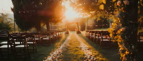 elegant outdoor wedding ceremony at golden hour, candid emotions and decorations