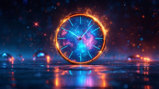 A vibrant clock with a cosmic theme glows amidst sparkles, reflecting on a glossy surface below, generative ai
