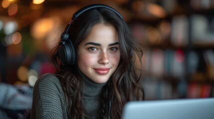 A young woman wearing headphones smiles at the camera, with a laptop and blurred background, generative ai