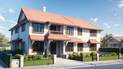 3d house model rendering on white background, Clean and precise 3D illustration modern cozy house. Concept for real estate or property.