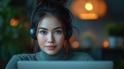 A woman wearing a headset sits in front of a computer; indoor setting, warm lighting, plants, generative ai