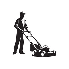 lawn care logo element, vector logo of person with lawn mower, lawn care logo template