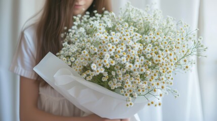 A person holds a large bouquet of white daisies with yellow centers, wrapped in white paper, generative ai