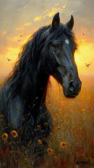 A majestic black horse stands in a field at sunset with birds flying and flowers around, generative ai