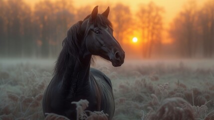 A majestic black horse stands in a frosty meadow at sunrise, enveloped by a misty ambiance, generative ai - obrazy, fototapety, plakaty