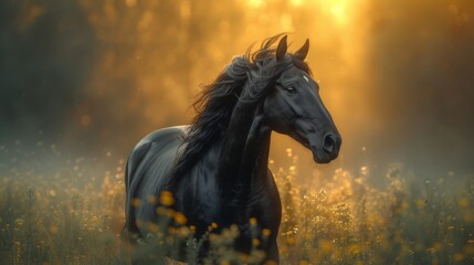 Obraz na płótnie Canvas A majestic black horse stands amidst a field of flowers with a golden sunset background, generative ai