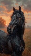 A majestic black horse with a glossy coat stands in a field at sunrise, exuding elegance, generative ai