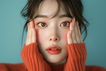 Asian woman with fair skin, wide eyes, and subtle smile, hands covering cheeks in surprise