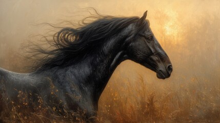 Majestic black horse with flowing mane gallops in a golden, sunlit field, exuding grace and power, generative ai