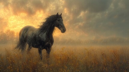 A majestic black horse stands in a field with orange flowers under a dramatic sunset sky, generative ai