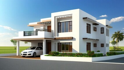 Fototapeta premium Modern white house, contemporary home design, suburban architecture, 3D rendering